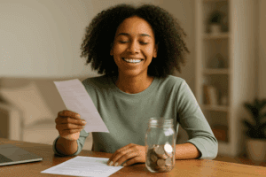 Person relieved after paying bills and managing money successfully