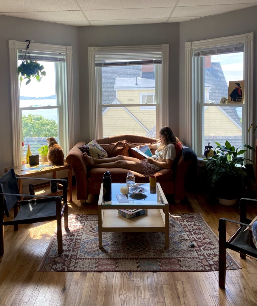 Stylish living room with secondhand furniture, polished wood tables, and stainless steel appliances including a two-door fridge and dishwasher
