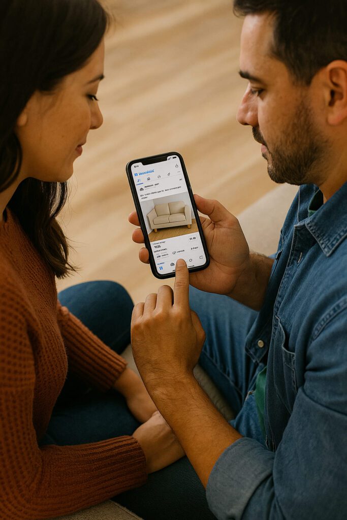 Hispanic couple scrolling on Facebook Marketplace app on a smartphone while sitting together on a sofa
