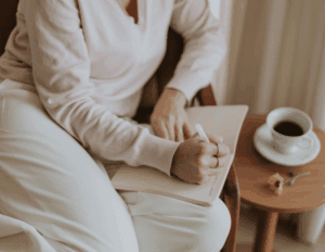 Parent reflecting on debt while balancing caregiving responsibilities at home.